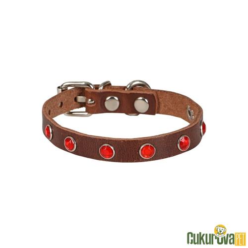 CATTIE GERÇEK DERİDEN EL YAPIMI TAŞLI KEDİ BOYUN TASMASI S - 1 MM x 18 - 22 CM - KAHVERENGİ