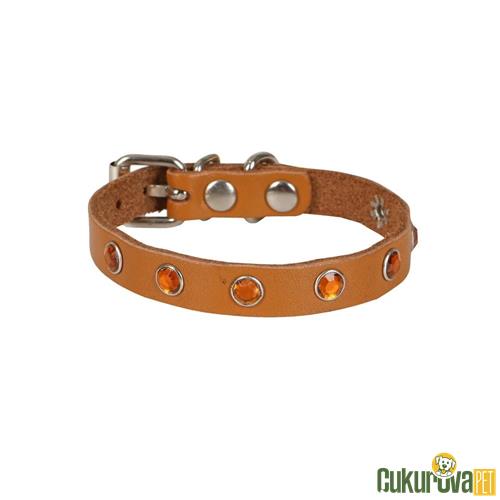 CATTIE GERÇEK DERİDEN EL YAPIMI TAŞLI KEDİ BOYUN TASMASI S - 1 MM x 18 - 22 CM - KAMEL