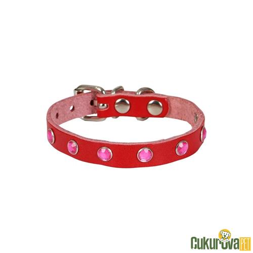 CATTIE GERÇEK DERİDEN EL YAPIMI TAŞLI KEDİ BOYUN TASMASI S - 1 MM x 18 - 22 CM - KIRMIZI