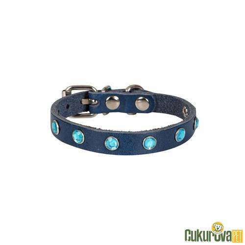 CATTIE GERÇEK DERİDEN EL YAPIMI TAŞLI KEDİ BOYUN TASMASI S - 1 MM x 18 - 22 CM - ROYAL MAVİ