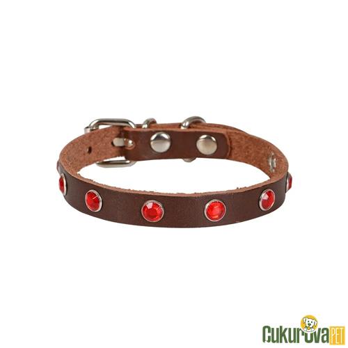 CATTIE GERÇEK DERİDEN EL YAPIMI TAŞLI KEDİ BOYUN TASMASI M - 1 MM x 21 - 25 CM - KAHVERENGİ
