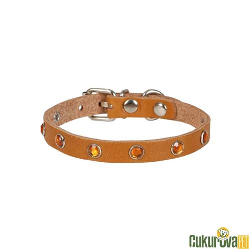 CATTIE GERÇEK DERİDEN EL YAPIMI TAŞLI KEDİ BOYUN TASMASI M - 1 MM x 21 - 25 CM - KAMEL