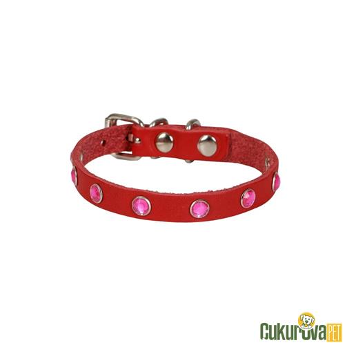 CATTIE GERÇEK DERİDEN EL YAPIMI TAŞLI KEDİ BOYUN TASMASI M - 1 MM x 21 - 25 CM - KIRMIZI