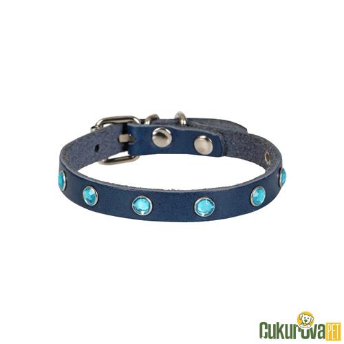 CATTIE GERÇEK DERİDEN EL YAPIMI TAŞLI KEDİ BOYUN TASMASI M - 1 MM x 21 - 25 CM - Royal MAVİ