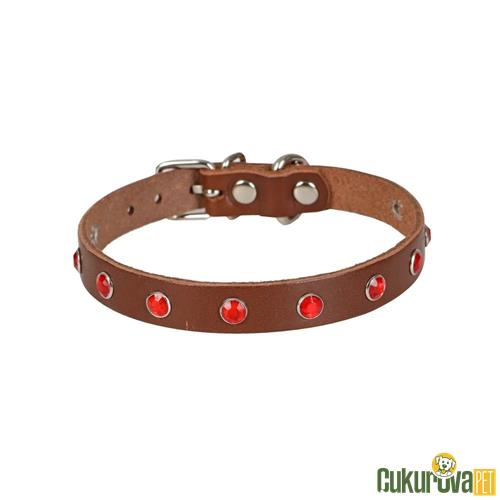 CATTIE GERÇEK DERİDEN EL YAPIMI TAŞLI KEDİ BOYUN TASMASI L - 1.2 MM x 25 - 29 CM - KAHVERENGİ