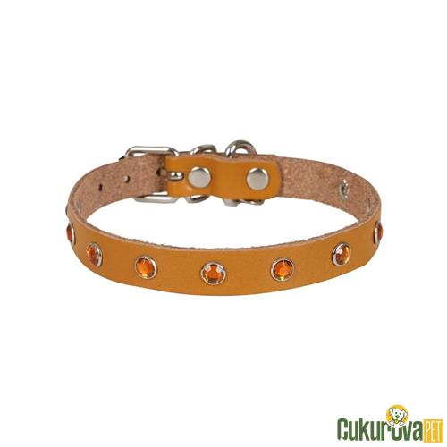 CATTIE GERÇEK DERİDEN EL YAPIMI TAŞLI KEDİ BOYUN TASMASI L - 1.2 MM x 25 - 29 CM - KAMEL