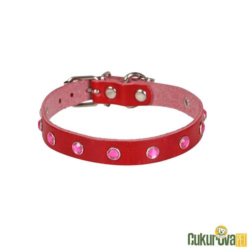 CATTIE GERÇEK DERİDEN EL YAPIMI TAŞLI KEDİ BOYUN TASMASI L - 1.2 MM x 25 - 29 CM - KIRMIZI