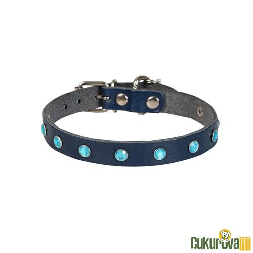 CATTIE GERÇEK DERİDEN EL YAPIMI TAŞLI KEDİ BOYUN TASMASI L - 1.2 MM x 25 - 29 CM - ROYAL MAVİ