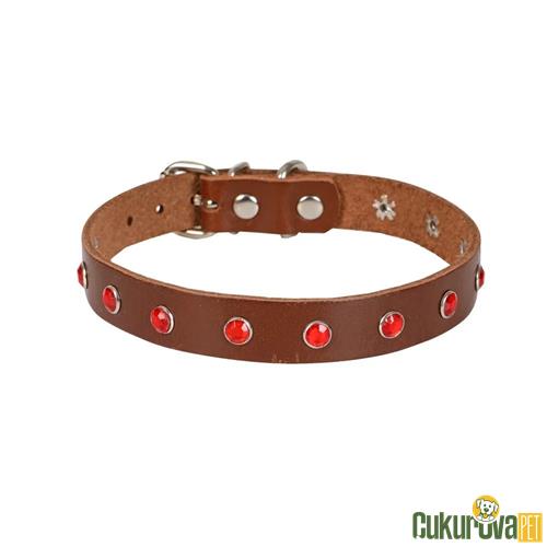 CATTIE GERÇEK DERİDEN EL YAPIMI TAŞLI KEDİ BOYUN TASMASI XL - 1.5 MM x 28 - 32 CM - KAHVERENGİ