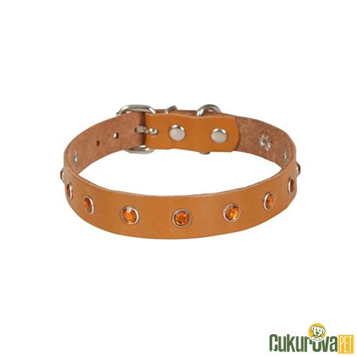 CATTIE GERÇEK DERİDEN EL YAPIMI TAŞLI KEDİ BOYUN TASMASI XL - 1.5 MM x 28 - 32 CM - KAMEL