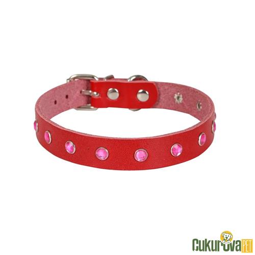 CATTIE GERÇEK DERİDEN EL YAPIMI TAŞLI KEDİ BOYUN TASMASI XL - 1.5 MM x 28 - 32 CM - KIRMIZI