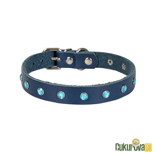 CATTIE GERÇEK DERİDEN EL YAPIMI TAŞLI KEDİ BOYUN TASMASI XL - 1.5 MM x 28 - 32 CM - ROYAL MAVİ