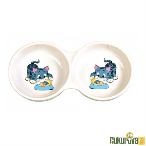 TRIXIE KEDİLER İÇİN PORSELEN İKİLİ DESENLİ MAMA VE SU KABI 11 CM - 150 ML - BEYAZ