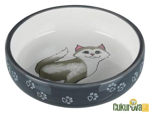 TRIXIE KISA BURUNLU KEDİLER İÇİN DESENLİ SERAMİK MAMA VE SU KABI 15 CM - 300 ML - GRİ / BEYAZ